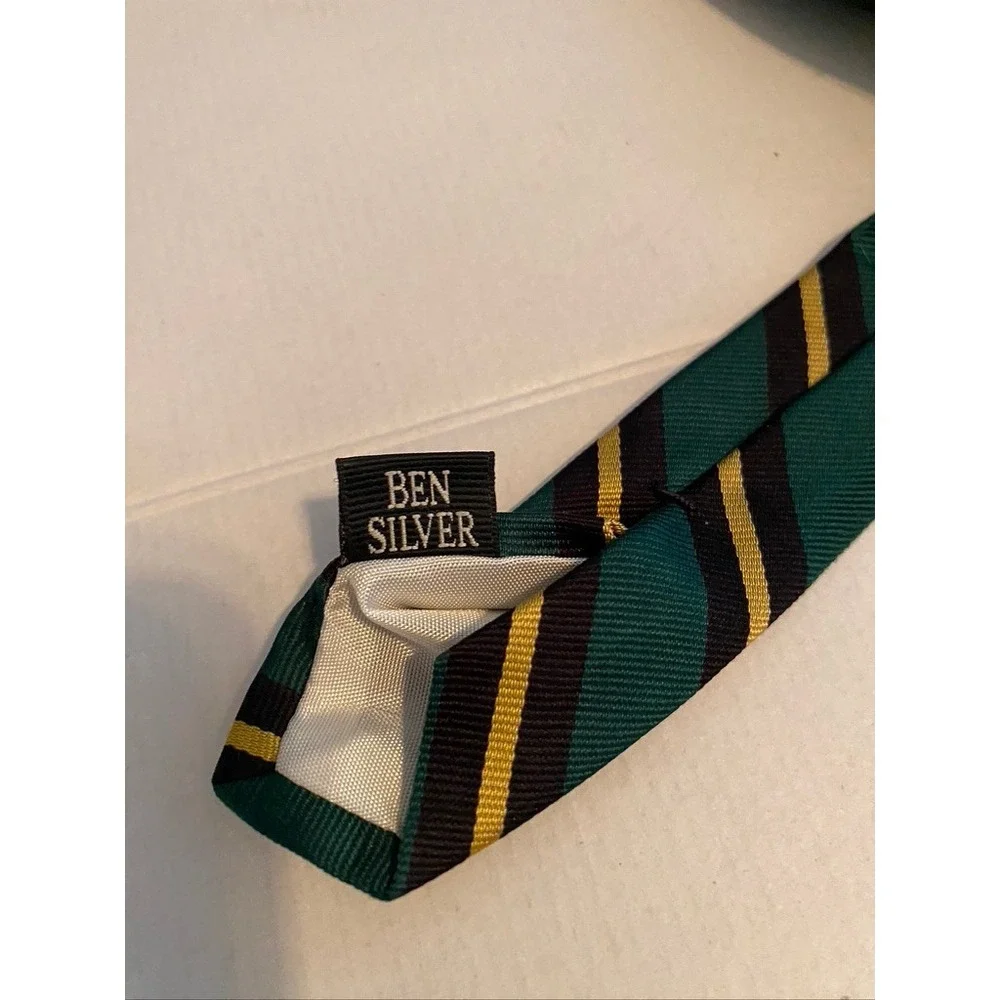 Ben Silver Charleston London Silk Tie Green Navy Gold Striped Hand Made Mens